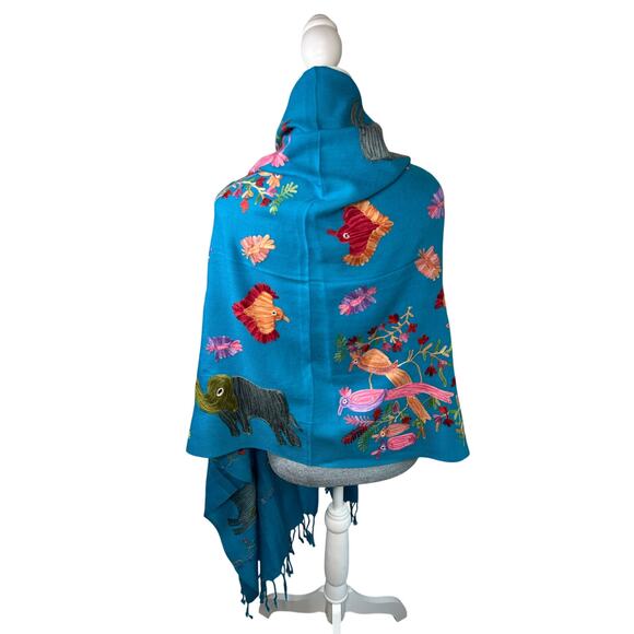 LA LO LA- Vibrant Blue embroidered Shawl with tassels-  80x30" preowned birds - Picture 1 of 9